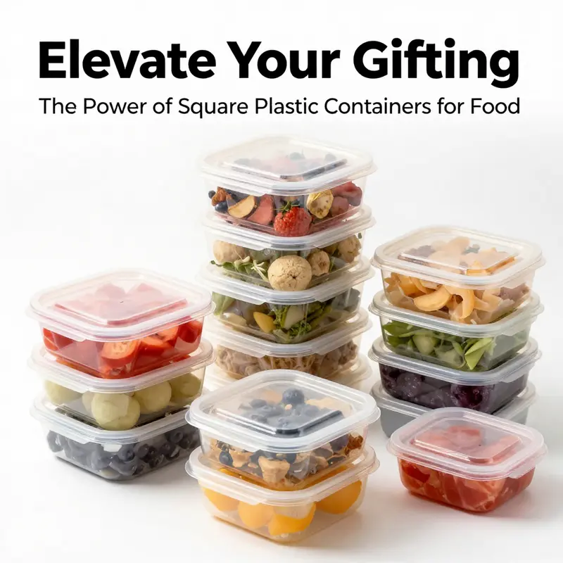 Colorful square plastic containers filled with assorted foods, elegantly arranged to illustrate their use for gifting and storage.
