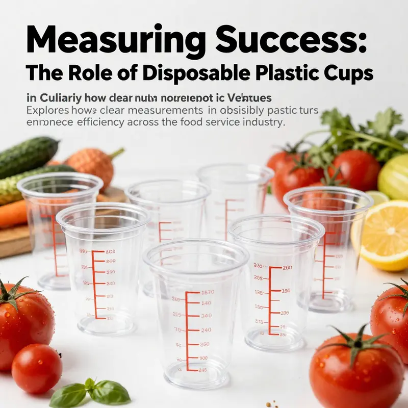 Variety of clear disposable plastic cups with measurement markings displayed on a white background, surrounded by culinary ingredients.