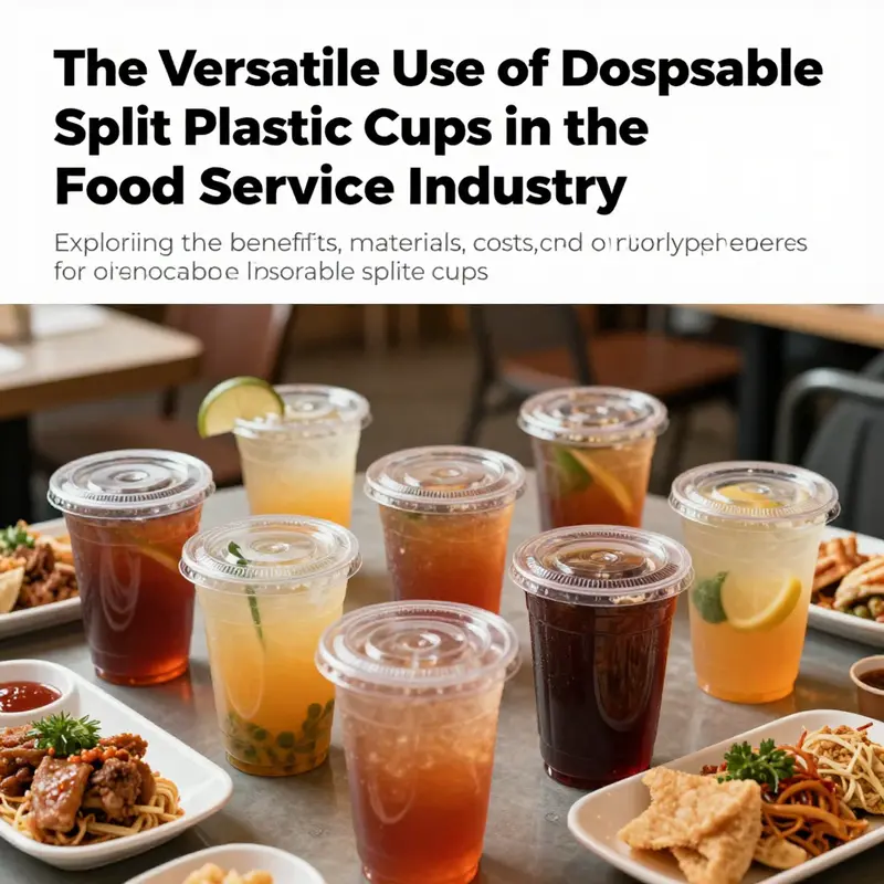 An assortment of disposable split plastic cups filled with drinks and sauces on a restaurant table, demonstrating their multi-functional use.