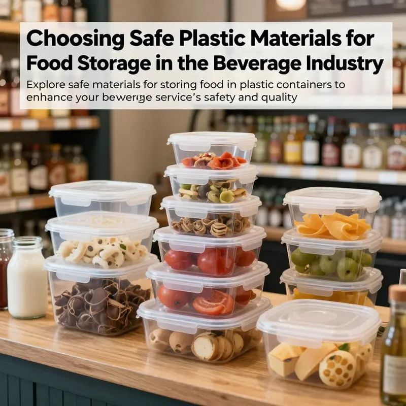 A variety of safe food storage containers in a modern beverage shop environment, highlighting food safety.