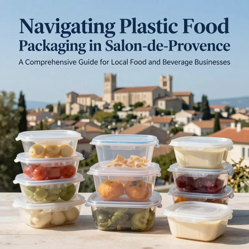 A range of plastic food containers with a scenic backdrop of Salon-de-Provence landmarks.