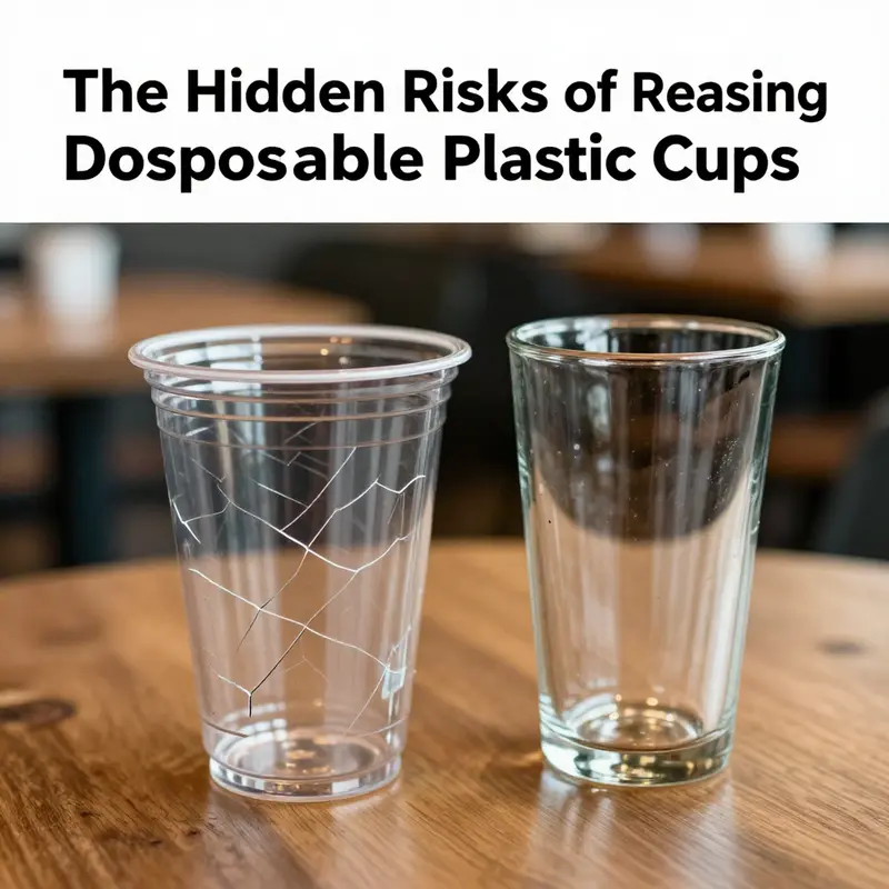 Health risks related to reused disposable plastic cups represented by damaged cups next to safer options.