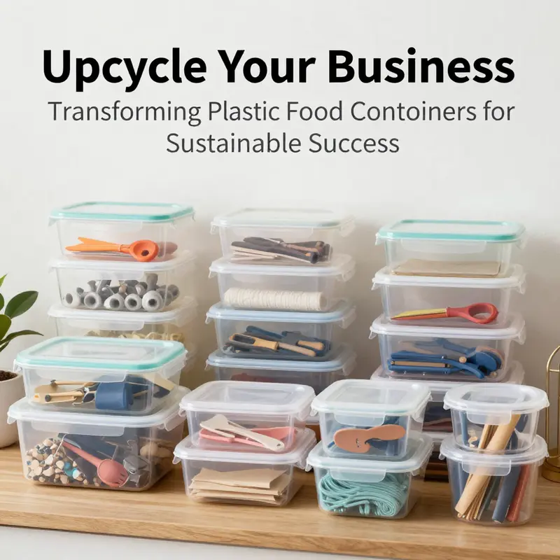Upcycled plastic food containers creatively repurposed for kitchen organization.