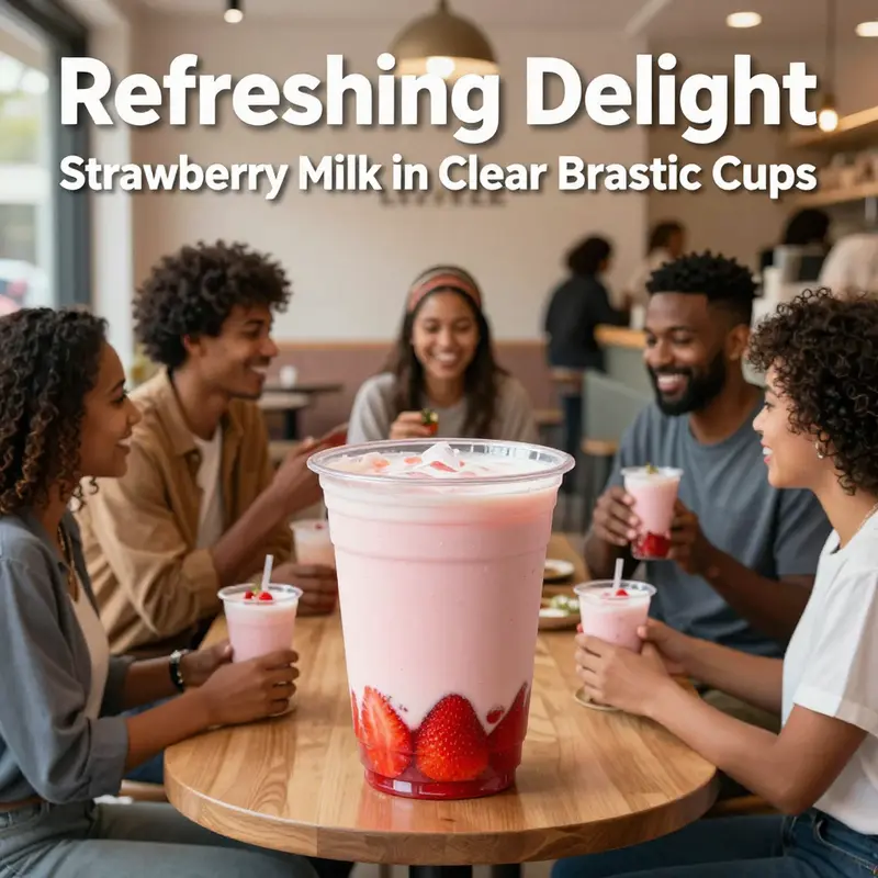 Vibrant strawberry milk displayed in a clear plastic cup, highlighting its freshness and charm.