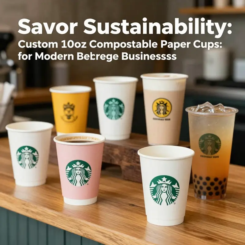 Diverse options of custom compostable paper cups showcasing branding possibilities.