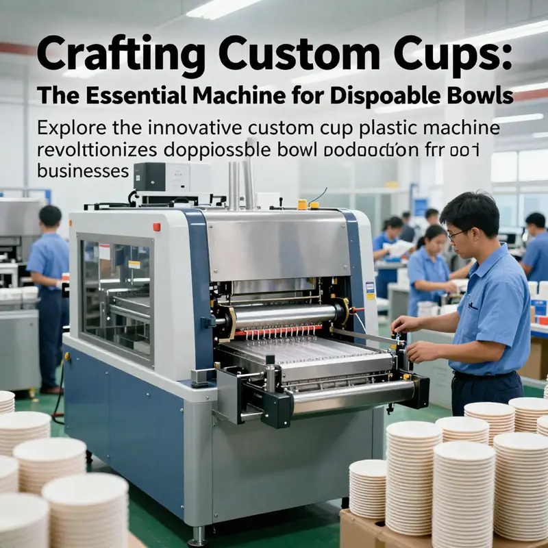 An expansive view of a thermoforming production facility, highlighting an automatic machine in action with finished disposable bowls.