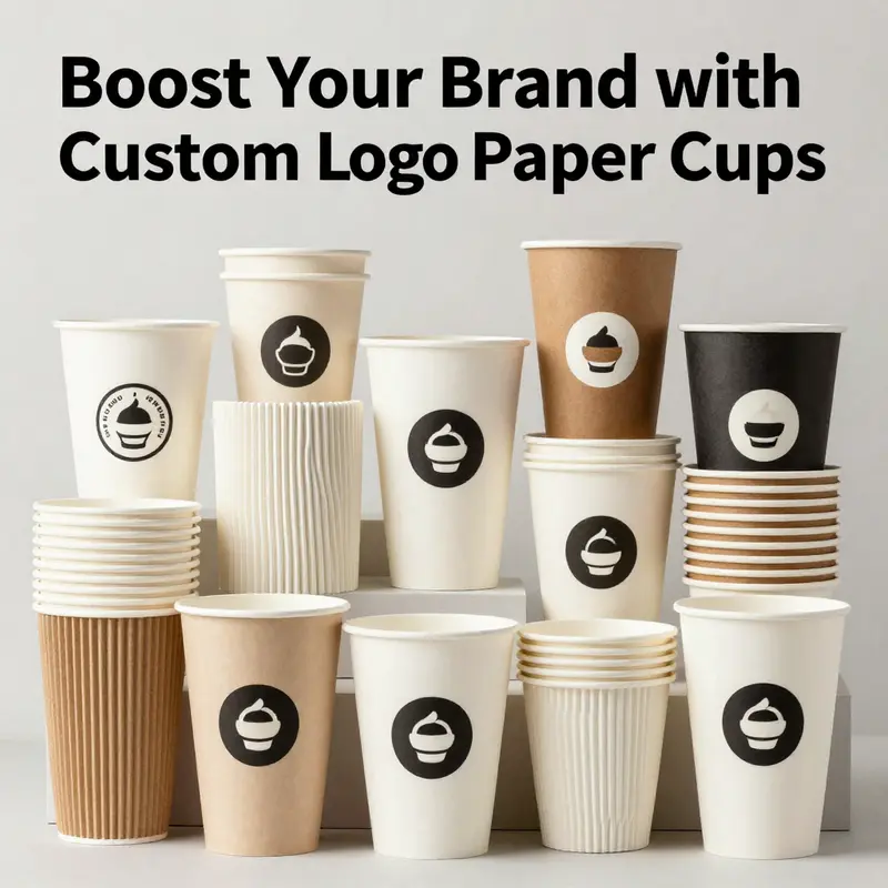 A variety of paper cups highlighting different materials used for custom logos.