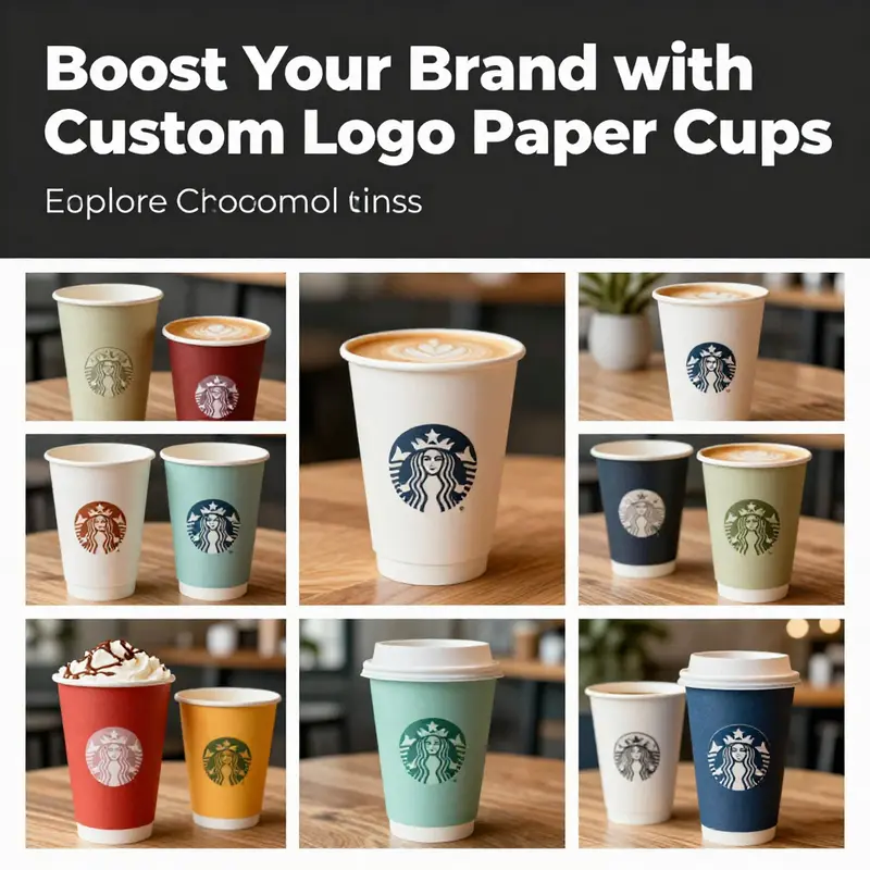 A lively collage showcasing custom logo paper cups in different designs and colors, set in a vibrant café atmosphere.
