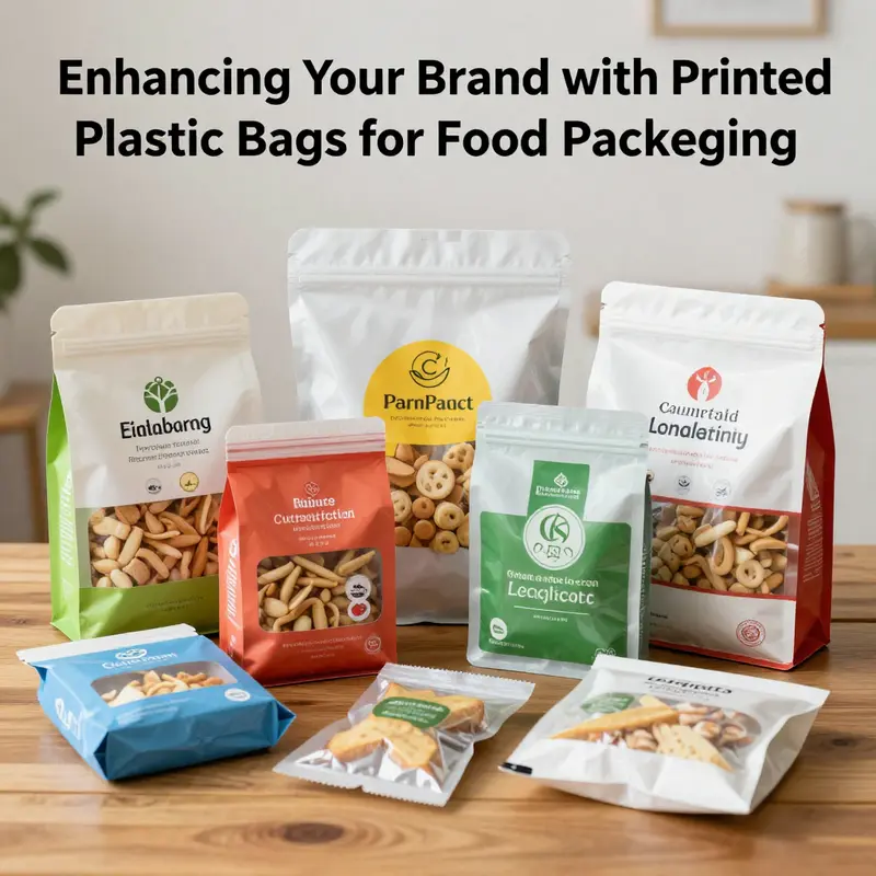 A showcase of custom printed plastic bags designed for various food items, emphasizing branding and design diversity.