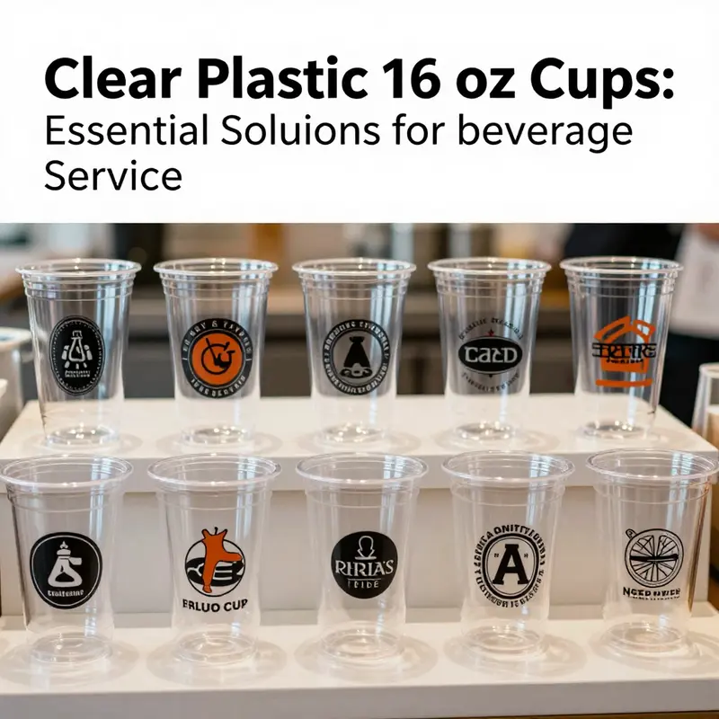 Various types of clear plastic 16 oz cups highlighting their material compositions.