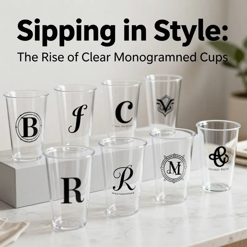 A showcase of beautifully customized clear plastic monogrammed cups, demonstrating versatility for any event.