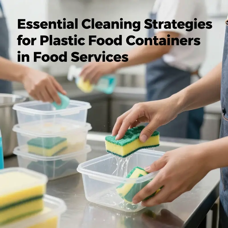 Staff cleaning plastic food containers in a professional kitchen, embodying best hygiene practices.