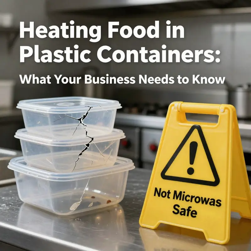 A chef inspects the safety labels on plastic containers to ensure safe food heating.