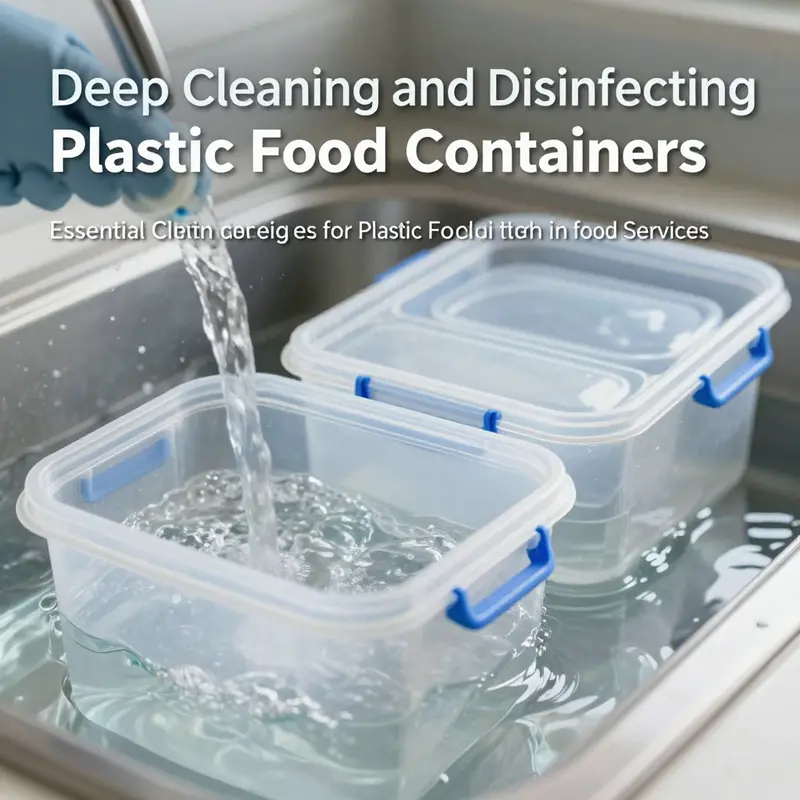 Staff cleaning plastic food containers in a professional kitchen, embodying best hygiene practices.