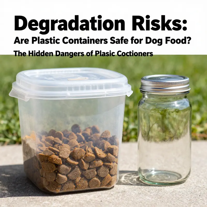 Different plastic containers for dog food illustrating chemical safety warnings.
