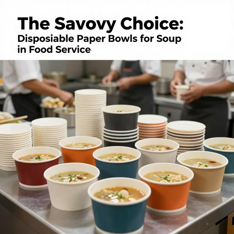 An active kitchen scene highlighting the varied applications of disposable paper bowls for soup in food services.
