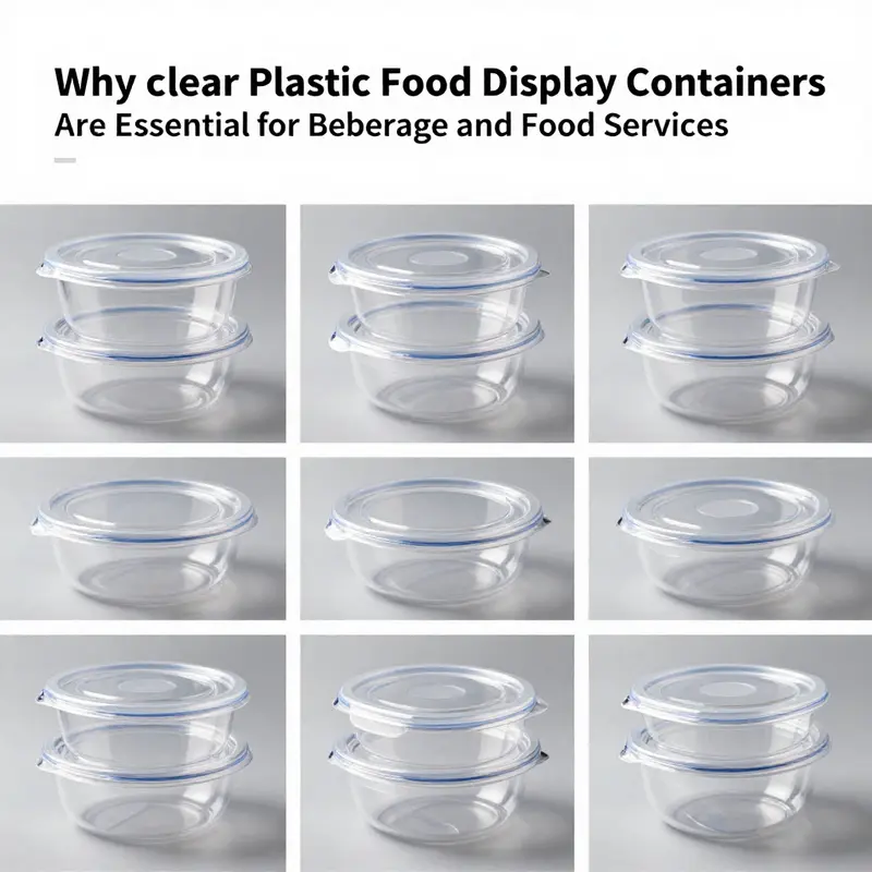 Clear plastic containers showcasing a variety of foods in a vibrant retail setting.
