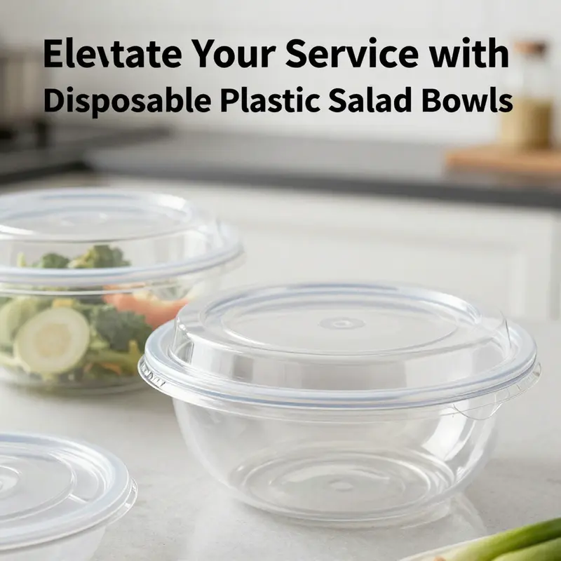 An array of disposable plastic salad bowls showcasing different sizes and delicious contents.
