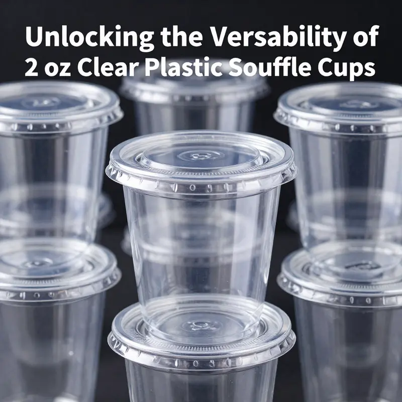 Versatile applications of 2 oz clear plastic souffle cups in various settings.