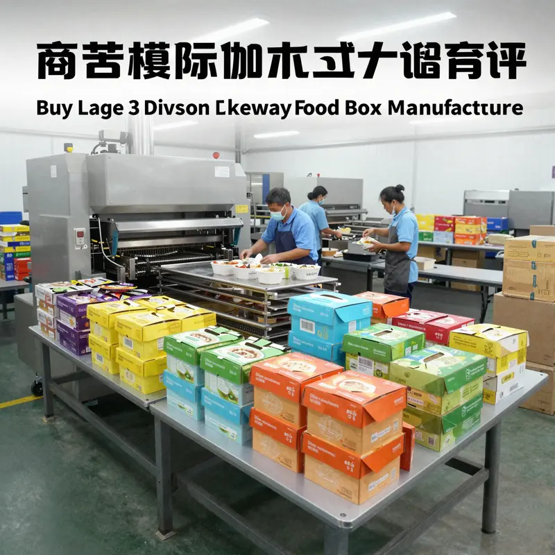 Manufacturing large 3-division takeaway food boxes with quality control measures.