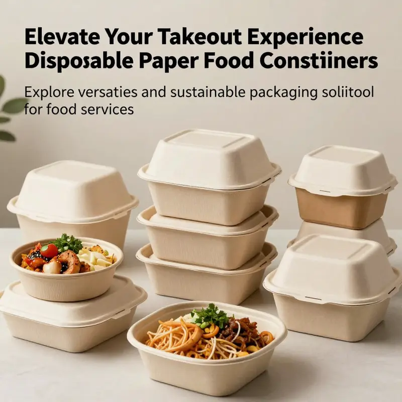 An assortment of stylish disposable paper food containers filled with various foods, showcasing their appeal and functionality.