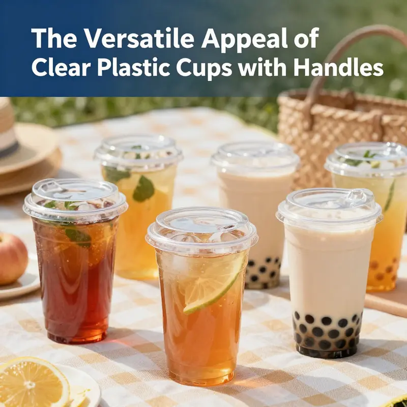 Durable clear plastic cups with handles at a cheerful outdoor picnic, showcasing their versatility and design.