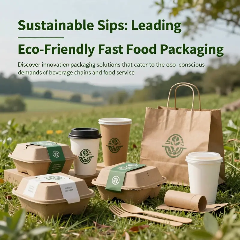 An array of biodegradable fast food packaging options displayed in a natural environment, promoting eco-friendliness.