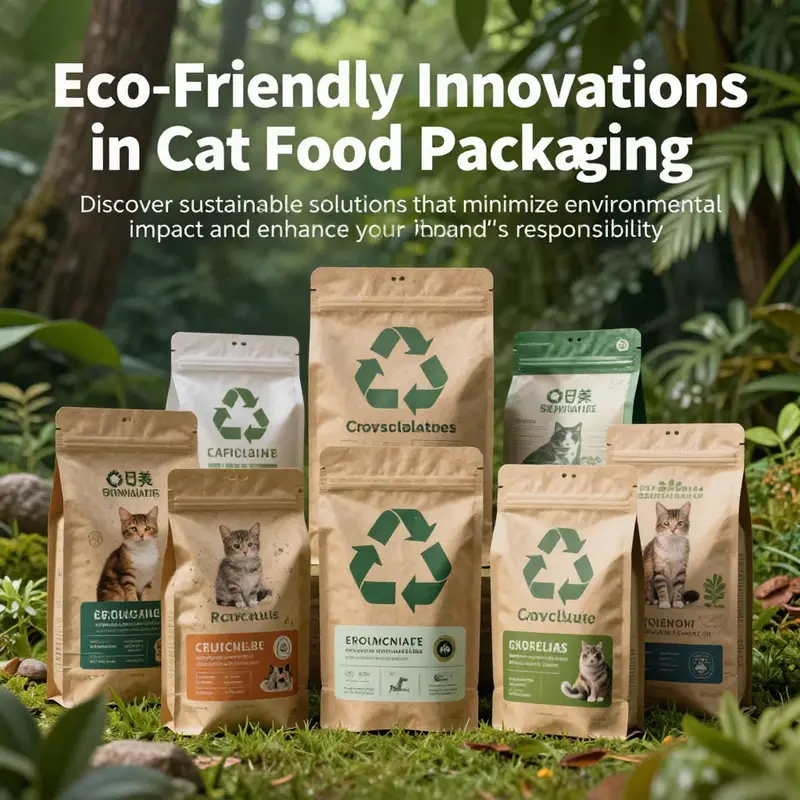 Assorted eco-friendly cat food packaging options against a green backdrop, highlighting sustainability.