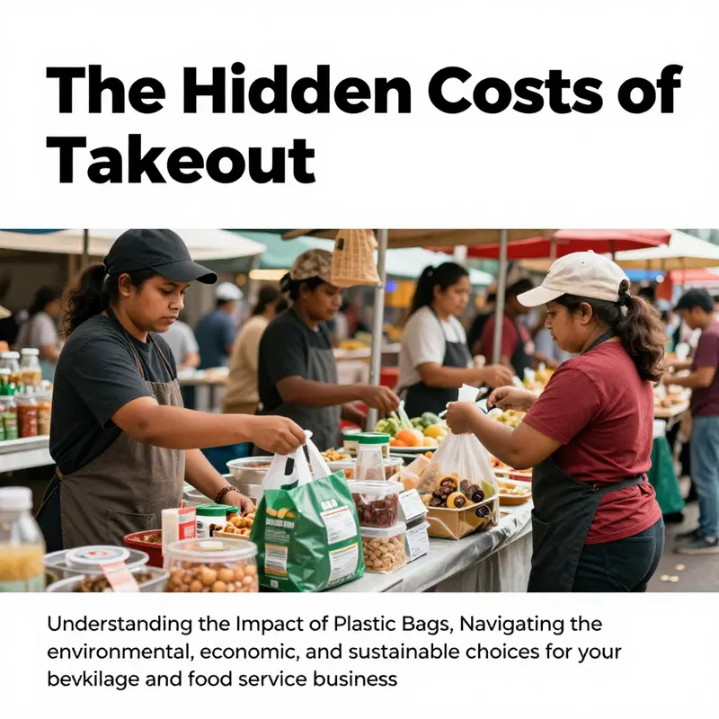 A lively food market showing vendors using eco-friendly packaging solutions in their offerings.