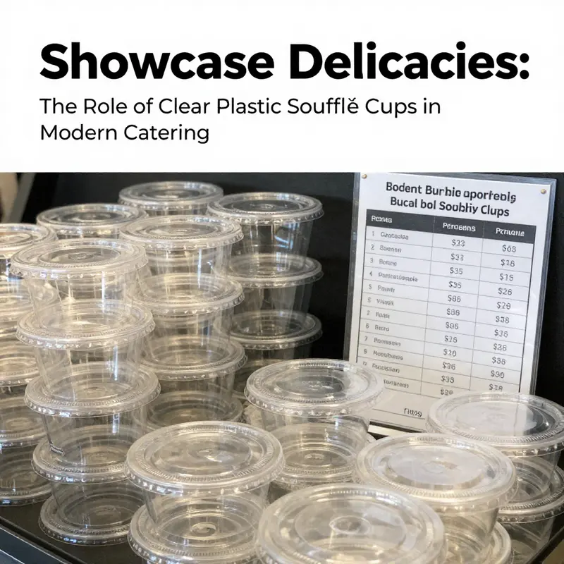 A beautiful arrangement of clear plastic soufflé cups showcasing a variety of desserts, perfect for catering events.