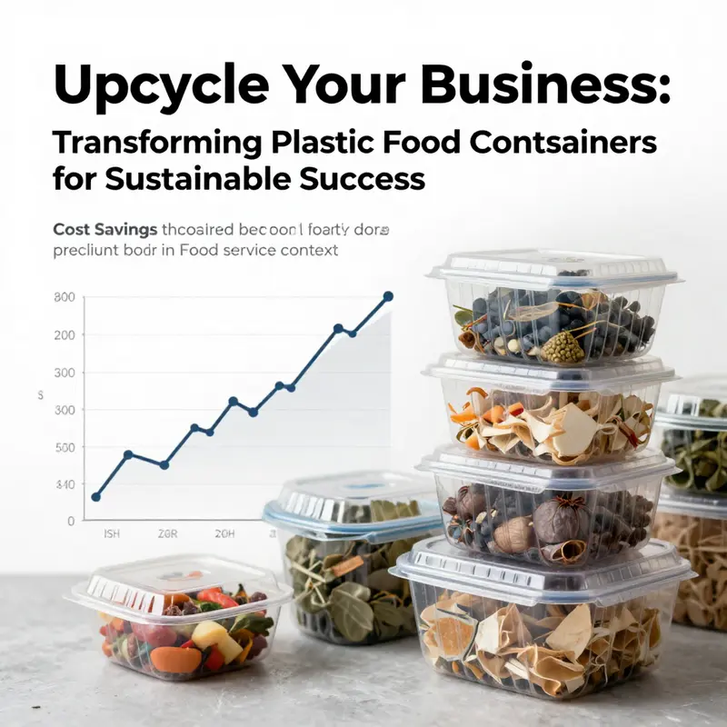 Upcycled plastic food containers creatively repurposed for kitchen organization.