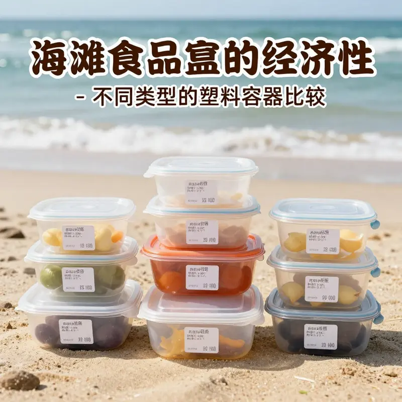 展示各种塑料容器的耐用性与便携性,适合海滩野餐。