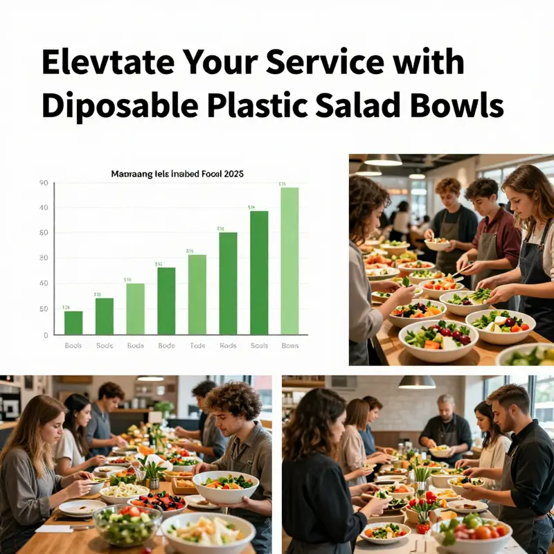 An array of disposable plastic salad bowls showcasing different sizes and delicious contents.
