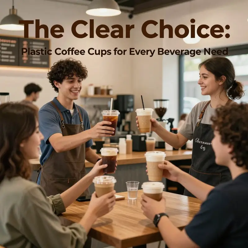 An assortment of plastic clear coffee cups demonstrating their material quality and range.