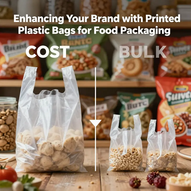 A showcase of custom printed plastic bags designed for various food items, emphasizing branding and design diversity.