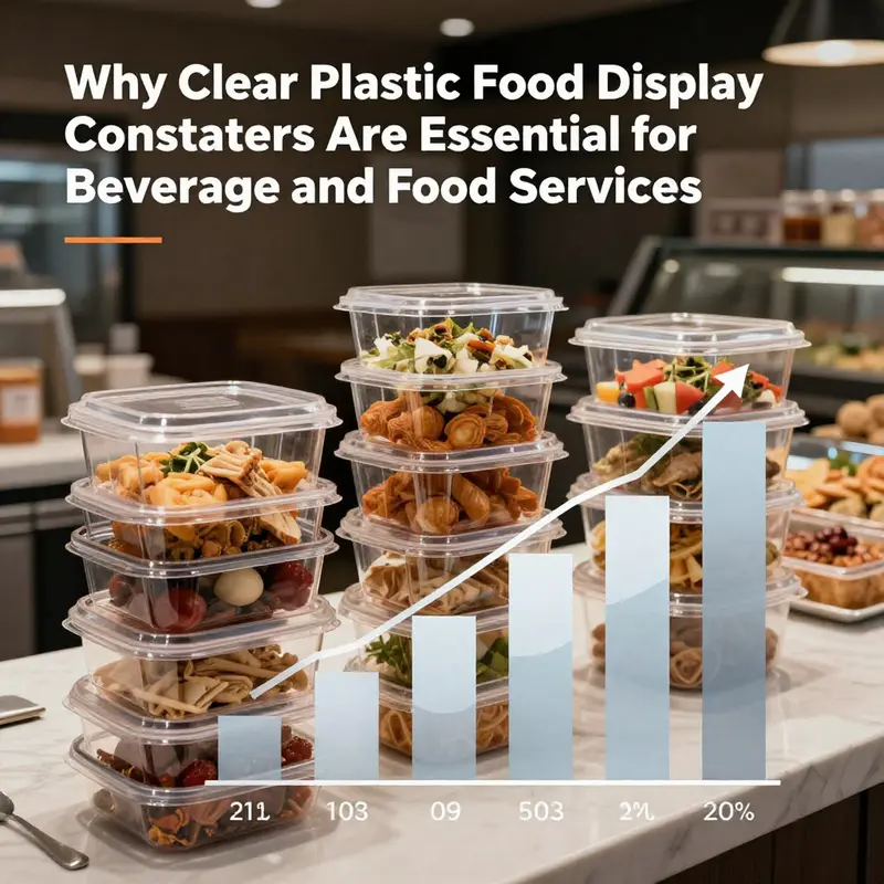 Clear plastic containers showcasing a variety of foods in a vibrant retail setting.