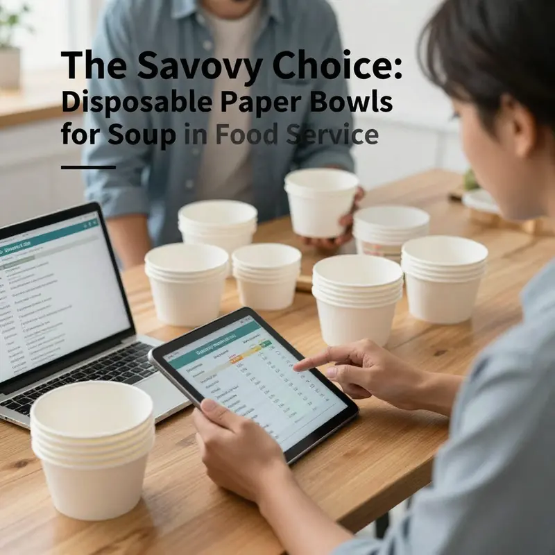An active kitchen scene highlighting the varied applications of disposable paper bowls for soup in food services.