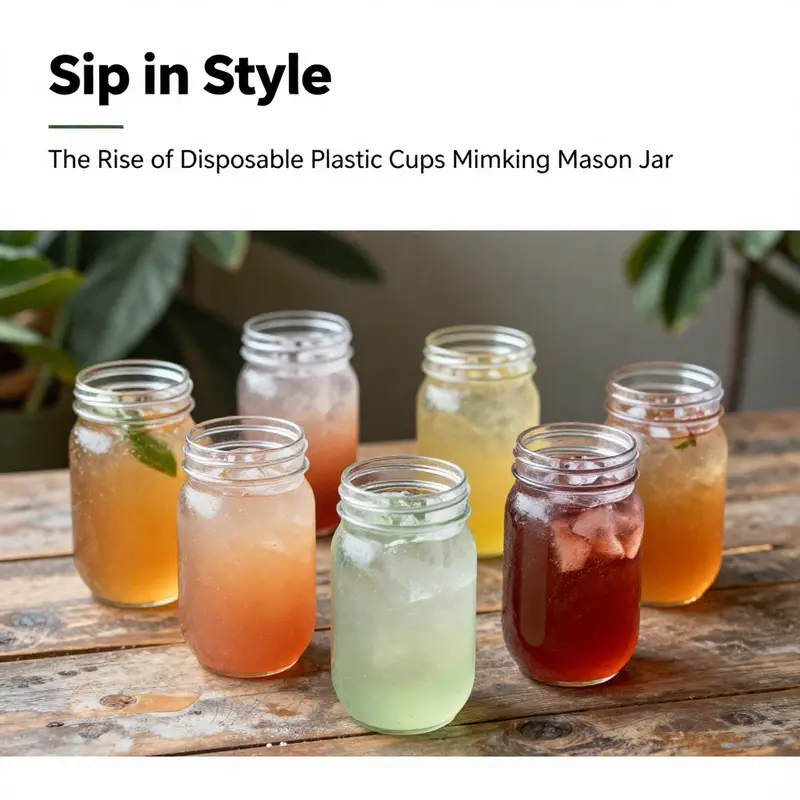A vibrant display of disposable plastic mason jar cups filled with beverages on a rustic table.