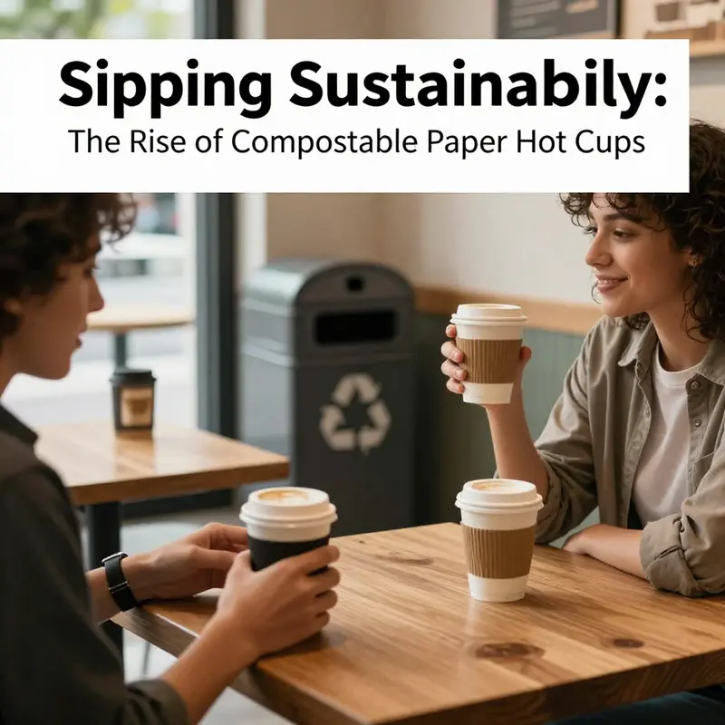 Customers enjoying drinks from compostable paper hot cups in an eco-friendly coffee shop.