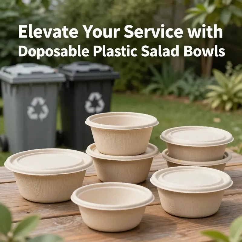 An array of disposable plastic salad bowls showcasing different sizes and delicious contents.