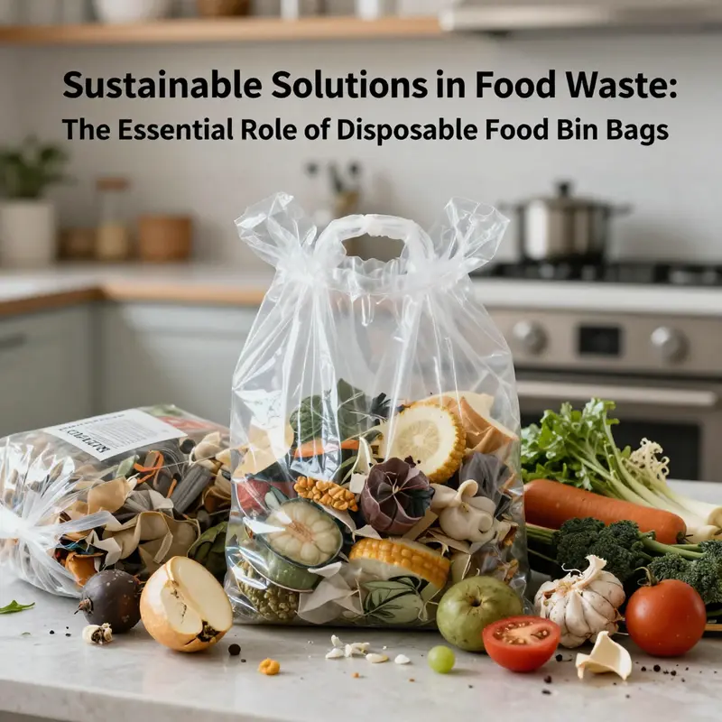 An illustrative representation of biodegradable disposable food bin bags intertwined with food waste.