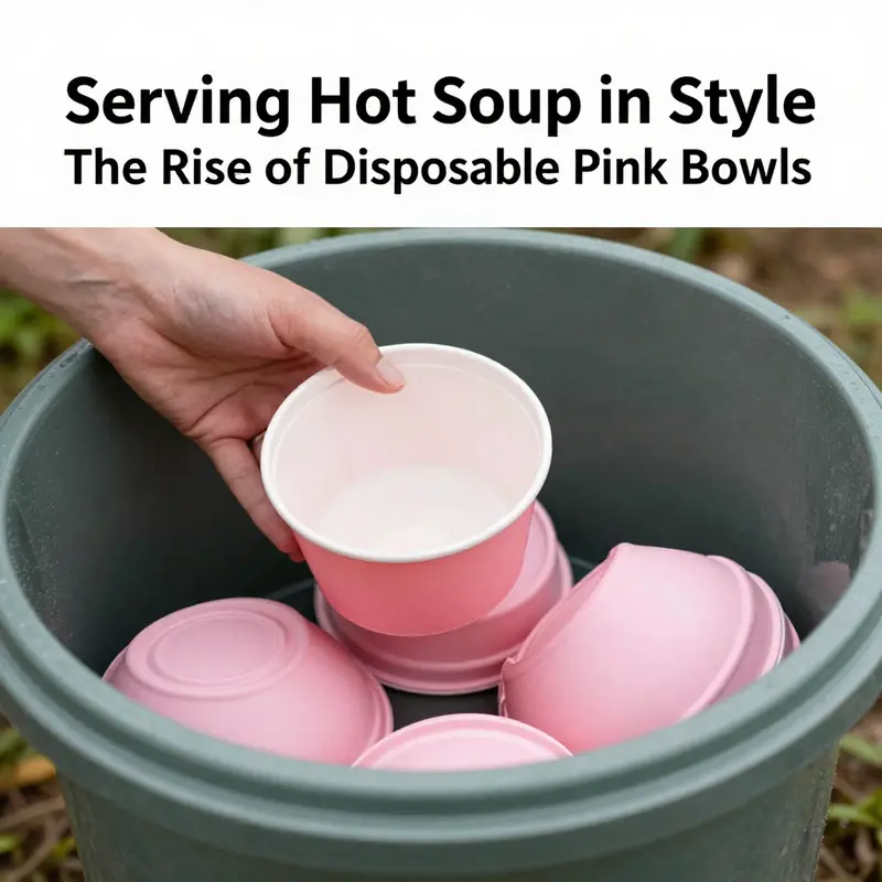 A variety of disposable pink bowls highlighting their materials and suitability for hot soup service.