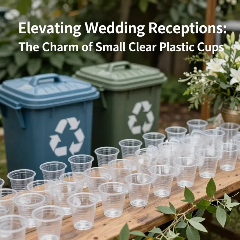 A display of popular designs of small clear plastic cups at a wedding reception.