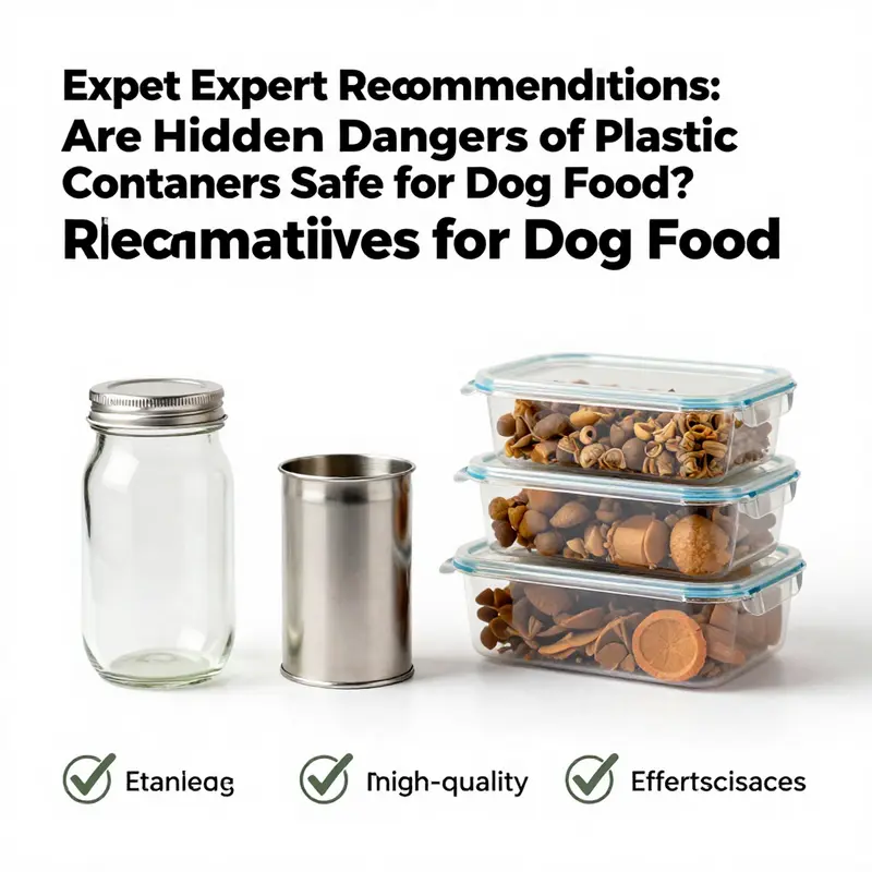 Different plastic containers for dog food illustrating chemical safety warnings.