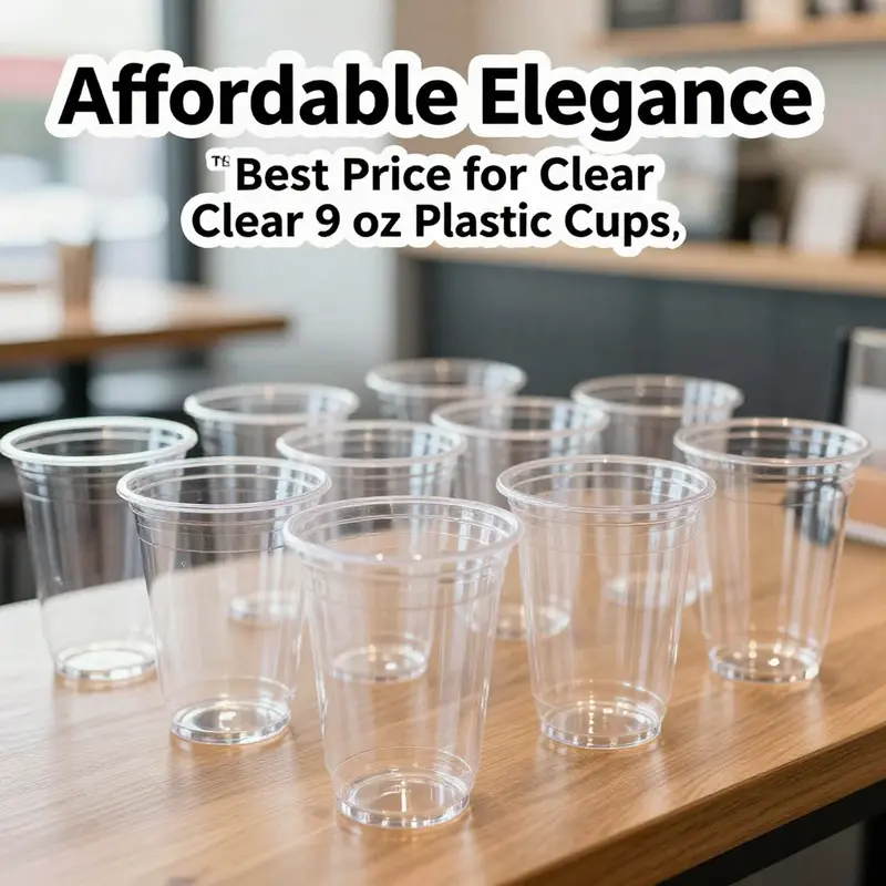 A collection of clear 9 oz plastic cups showcased in a modern café, demonstrating their appeal for beverage services.