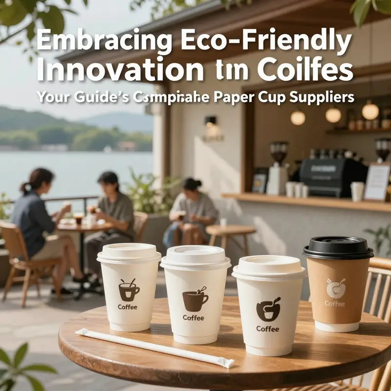 Outdoor coffee shop with customers enjoying beverages served in compostable paper cups, emphasizing sustainability.
