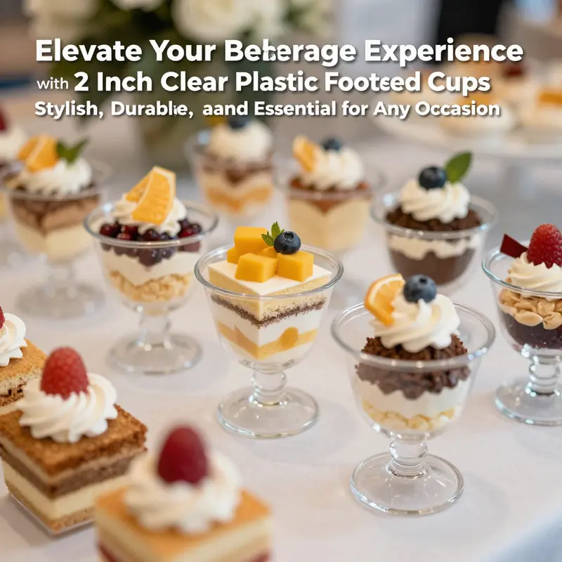 A creative arrangement of various desserts displayed in 2 inch clear plastic footed cups on a table.
