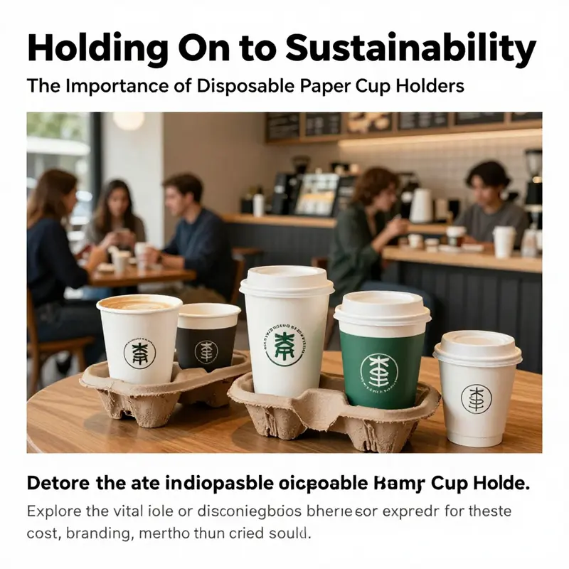 A lively café interior with customers using disposable paper cup holders showcasing various logos and designs.
