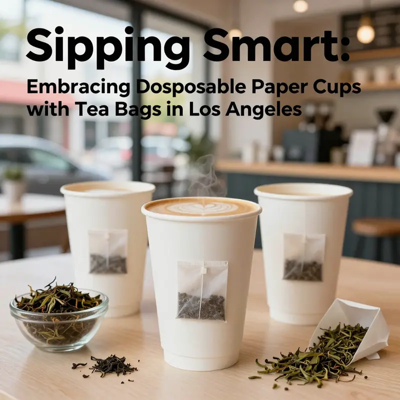A stylish café setting in Los Angeles featuring disposable paper cups with tea bags, illustrating modern beverage trends.