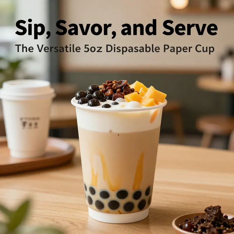 A close-up image of a 5oz disposable paper cup with bubble tea, showcasing the cup's design and usage in a café environment.